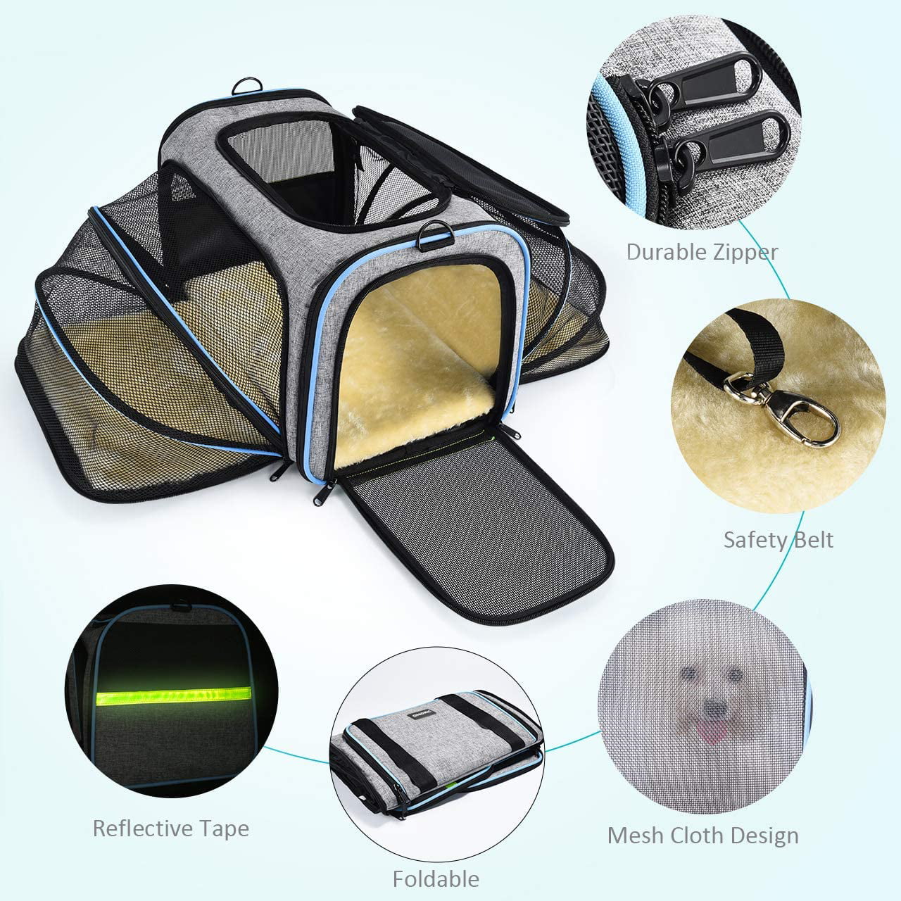 Safe and Easy for Cats and Dogs Foldable Pet Travel Bag with 2 Expandable Mesh Windows OMORC Pet Travel Carrier Airplane Approved 3 Open Doors and Reflective Tapes 