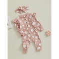 thumbnail image 3 of Baby Girls 2 Piece Outfits Floral Print Ribbed Long Sleeves Romper Jumpsuit and Cute Headband for Toddler Infant Fall, 3 of 8