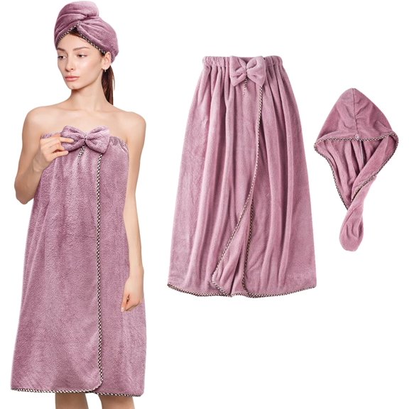 Women Adjustable Bath Towel Wrap,Soft Body Wraps Dress with Hair Towel for Shower,Super Absorbent and Quick Drying (Purple)