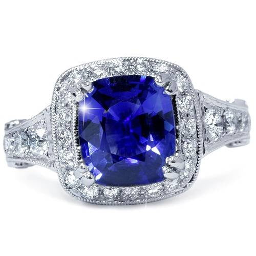 Pompeii VVS 4 5/8ct Ceylon Cushion Sapphire & Diamond Ring 18K White Gold (F,VVS)