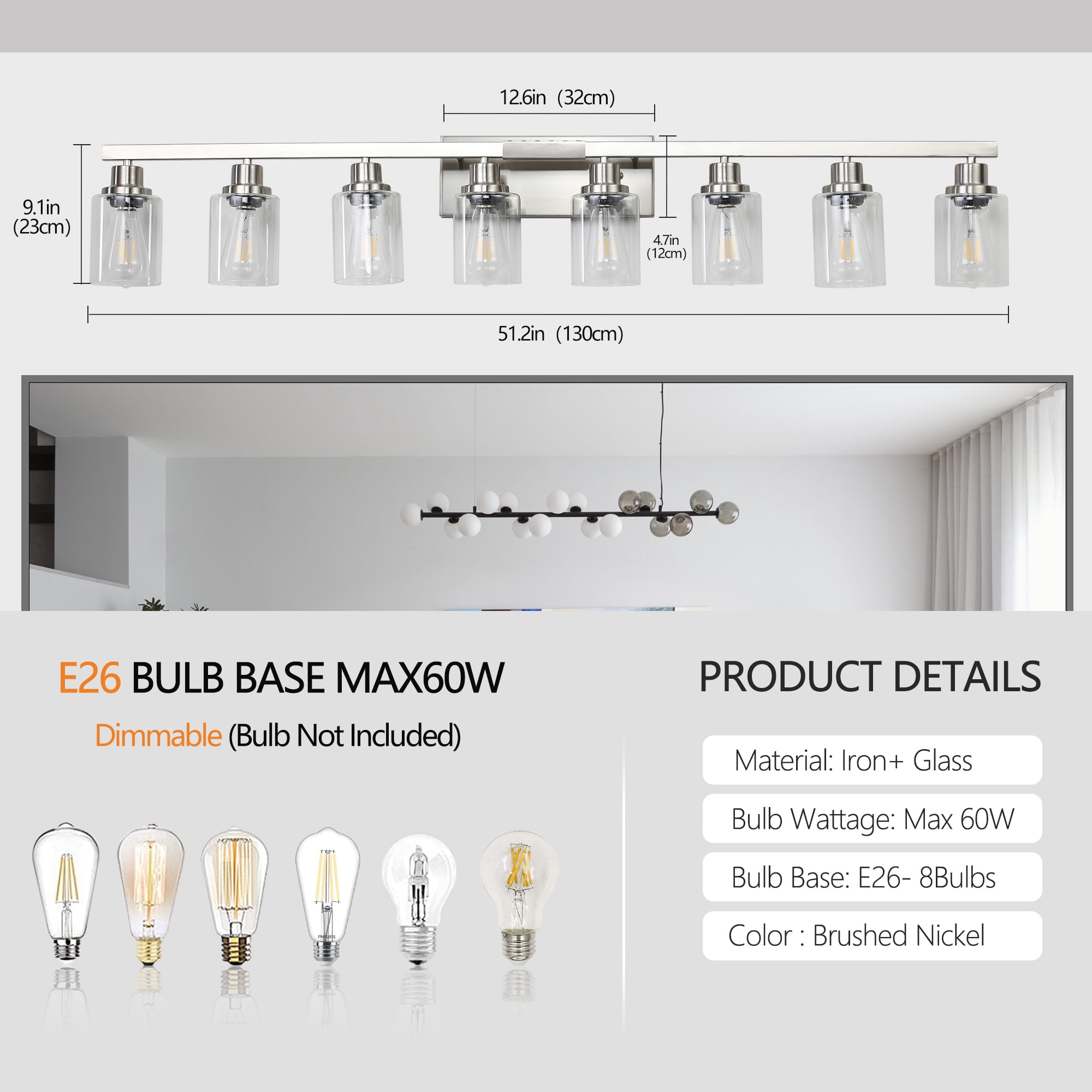Leumius Modern 8-Light Bathroom Vanity Light Fixture - Brushed Nickel Finish with Clear Glass Shades, Perfect for Bathroom, Vanity and Dressing Area Lighting (No Bulbs)