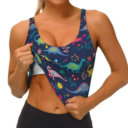 Qokaie Dinosaur Flowers Pattern Womens Scoop Neck Sports Bra Breathable Workout Vest Padded U Back Medium Impact Fitness Gym Yoga Bra Workout Crop Top