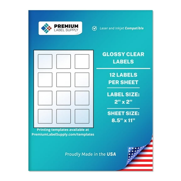 Premium Label Supply Glossy Clear Sticker Square Labels – 2” x 2" – Laser/Inkjet Compatible – (12 Labels/Sheet), 10 Sheets – 120 Total Adhesive Labels