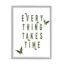 Stupell Industries Everything Takes Times Phrase Butterflies Grass Pattern Inspirational Painting Gray Framed Art Print Wall Art, 11 x 14
