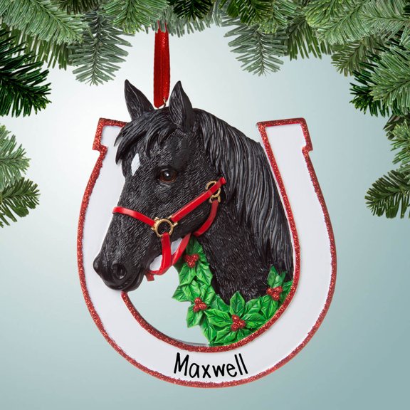 Personalized Black Horse with Horseshoe Christmas Ornament - Riding Horses - Horse Trainer - Training - Show Events - Great Gift Ideas