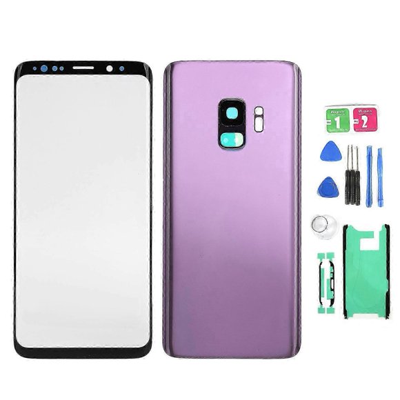 unique Phone Rear Back Glass Cover Front Screen Glass Lens Replacement Set for Samsung S9 G960Purple