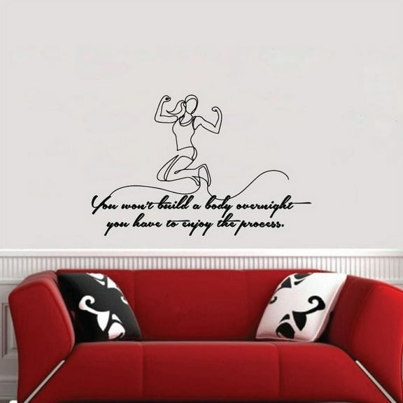 You Wont Build A Body Overnight- Exercise Workout Weightlifting Silhouette Quote Motivation Fitness Inspiration Vinyl Wall Art Sticker Decal Home Gym Workout Area Fitness Decoration Size(14x20 inch)