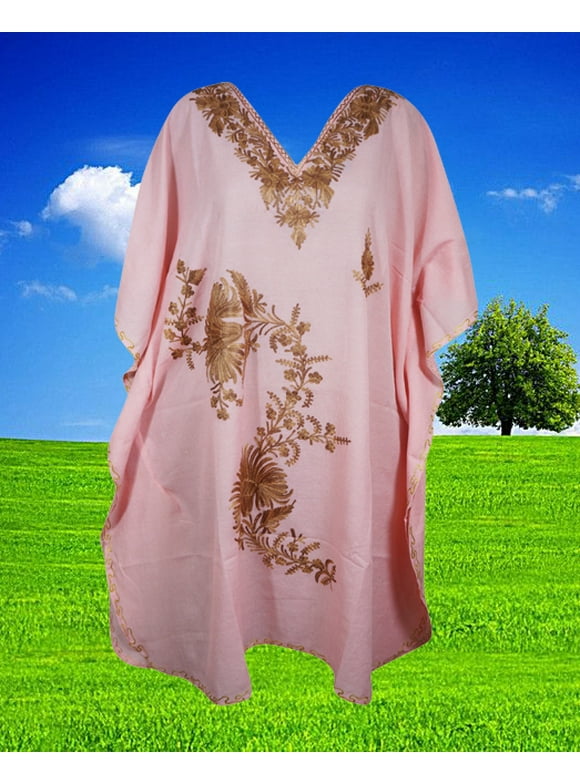 Womens Pink Caftan Dress, Embroidered, Butterfly Sleeves, Cruise Kaftan Short Dress, Boho dress pool, party, Stylish Short Caftan L-2X