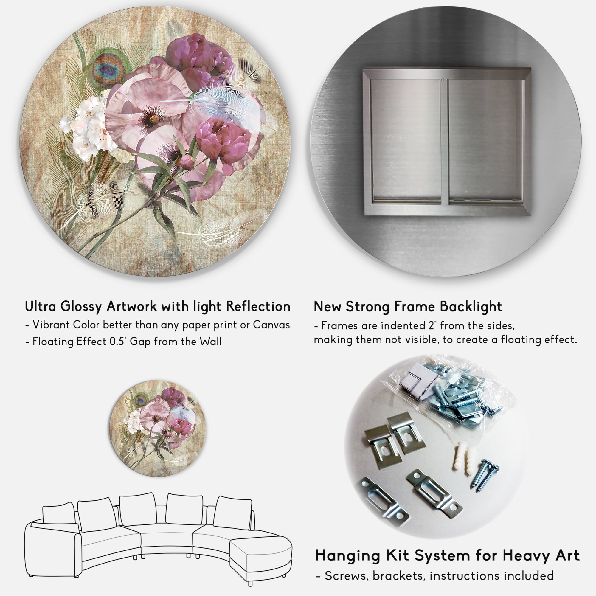 Designart 'Iris Bouquet Floral Design With Peacock Feather' Traditional Circle Metal Wall Art 23x23 - Disc of 23