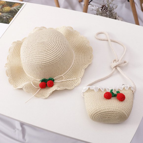 Girls 2-8 Age Straw Hat Tourism Sun Hat Flower Children Sun Hat and Bag Set