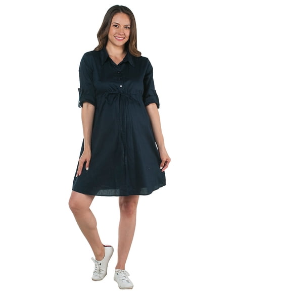 Vestido Maternidad Camisero Cómodo Elegante Vestido Embarazo Casual Oficina Manga Ajustable Color Azul Marino
