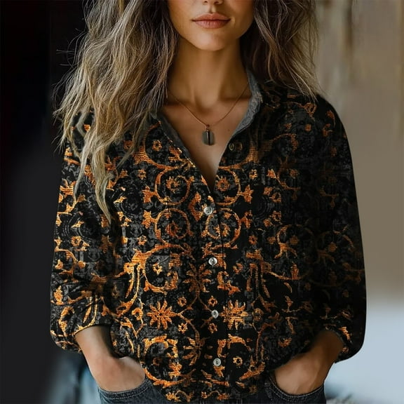 Bovemsi Women Cotton Shirt Printed Fashion Down Shirts Casual Tops Long Sleeve Blouse, Black Women's Summer Shirts, XL