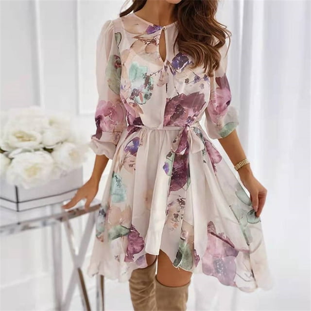 U.Vomade Nouvelle Robe Élégante à Fleurs à Col Rond pour Femme en Mousseline de Soie Fête Ajustée Taille Haute Ligne A Plissée Robe Chic Fête