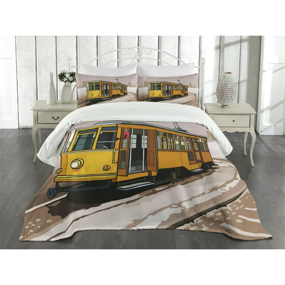 Ambesonne Modern Quilted Bedspread Set 3 Pcs, Train on Rail Roads, Queen Size, Yellow and Pale Brown