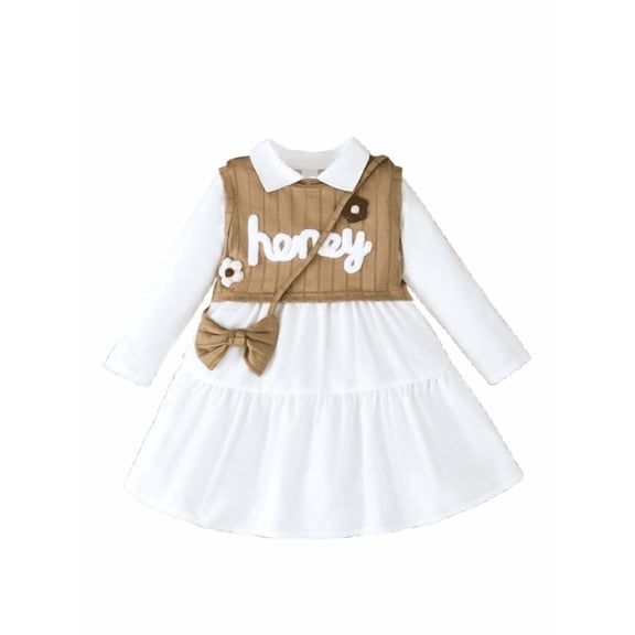 PureChapter Girls' Clothing Sets Collared Long Sleeve Dress Ribbed Knit Vest Bow Crossbody Bag 3 Pieces Outfit for Kids 4-7Y