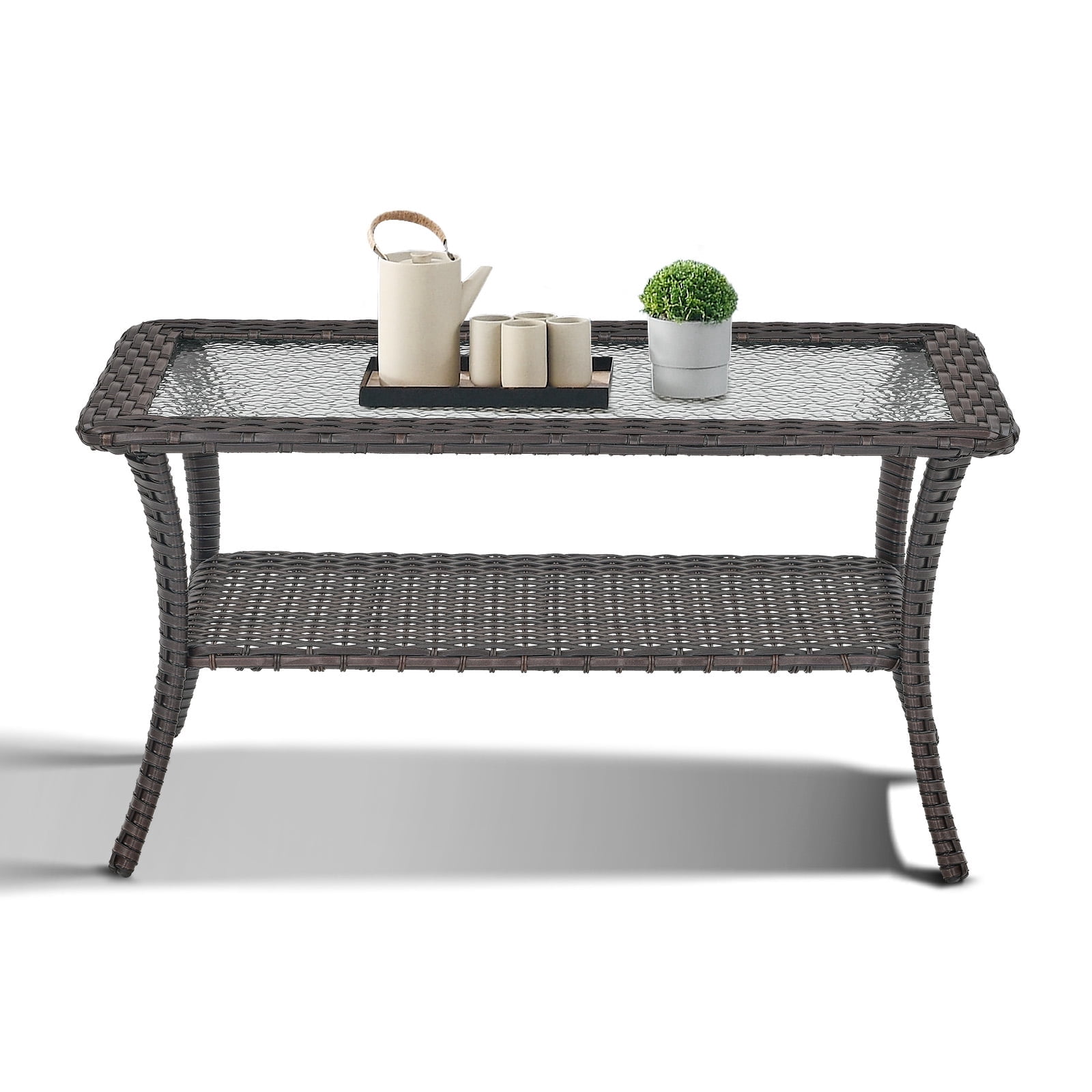 Gymojoy 40 Inches Patio Wicker Rattan Coffee Table, Outdoor Furniture Rectangle Tempered Glass Top Side Table with Storage, Brown
