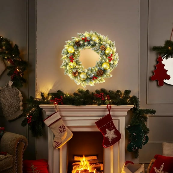 solar christmas lights Christmas Norfolk Pines Wreath with Lights 40cm/16in Red and Gold Christmas Ball Wreath With Pines Cones And Red Berry Artificial Xmas Garlands outside christmas decorations