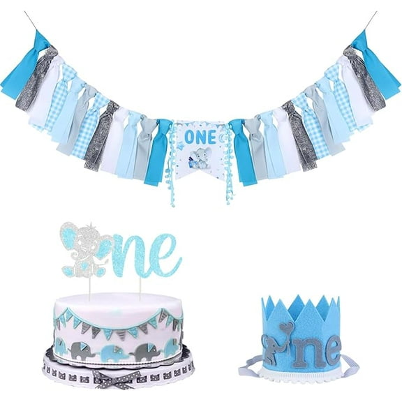 Elephant 1st Birthday Decorations for Boys, Elephant High Chair Banner Cake Topper and Birthday Hat Crown for Little Peanut Animal Themed First Bday Party Supplies