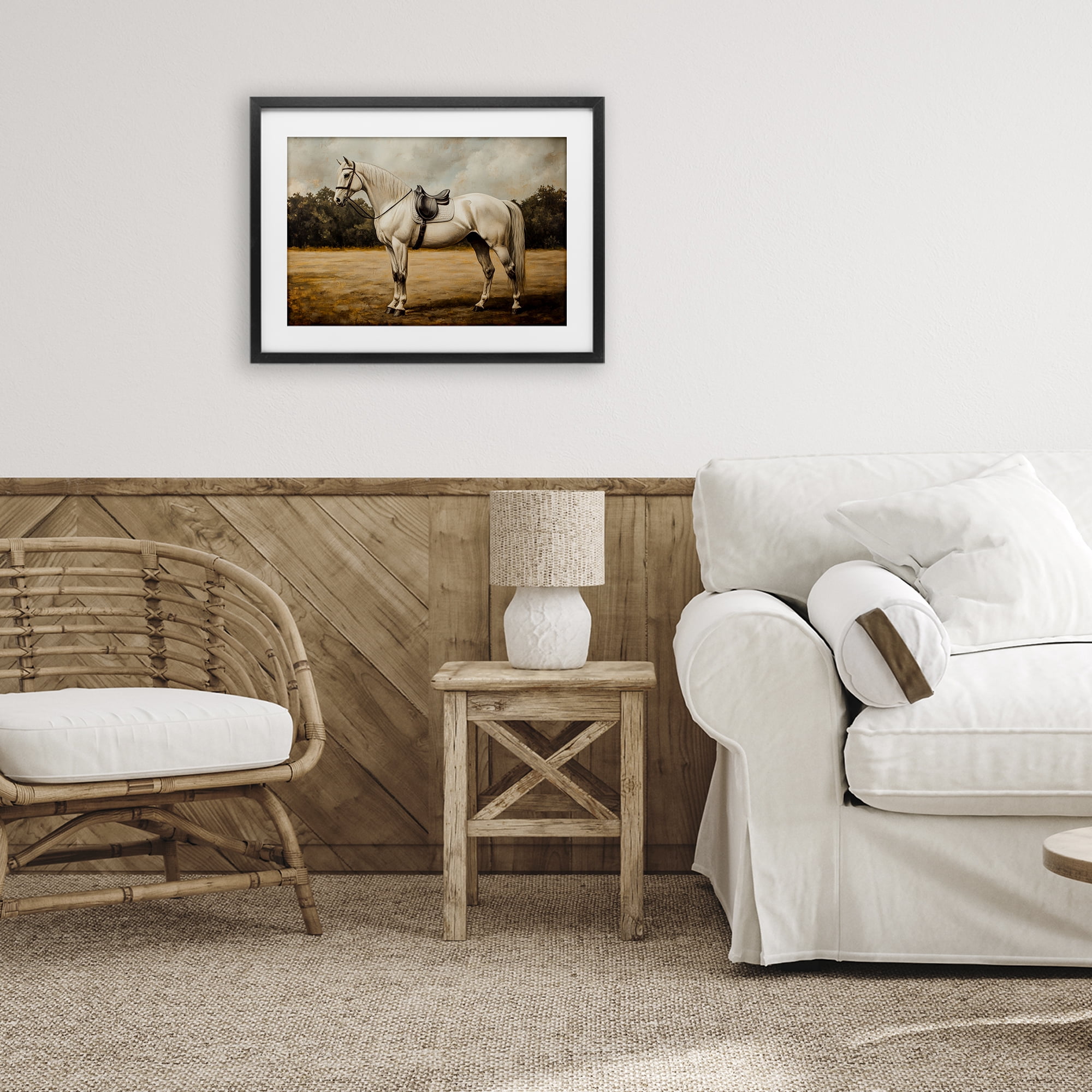 Stupell Industries White Mare with Saddle Black Framed Print Under Glass, design by Petal Prints Design