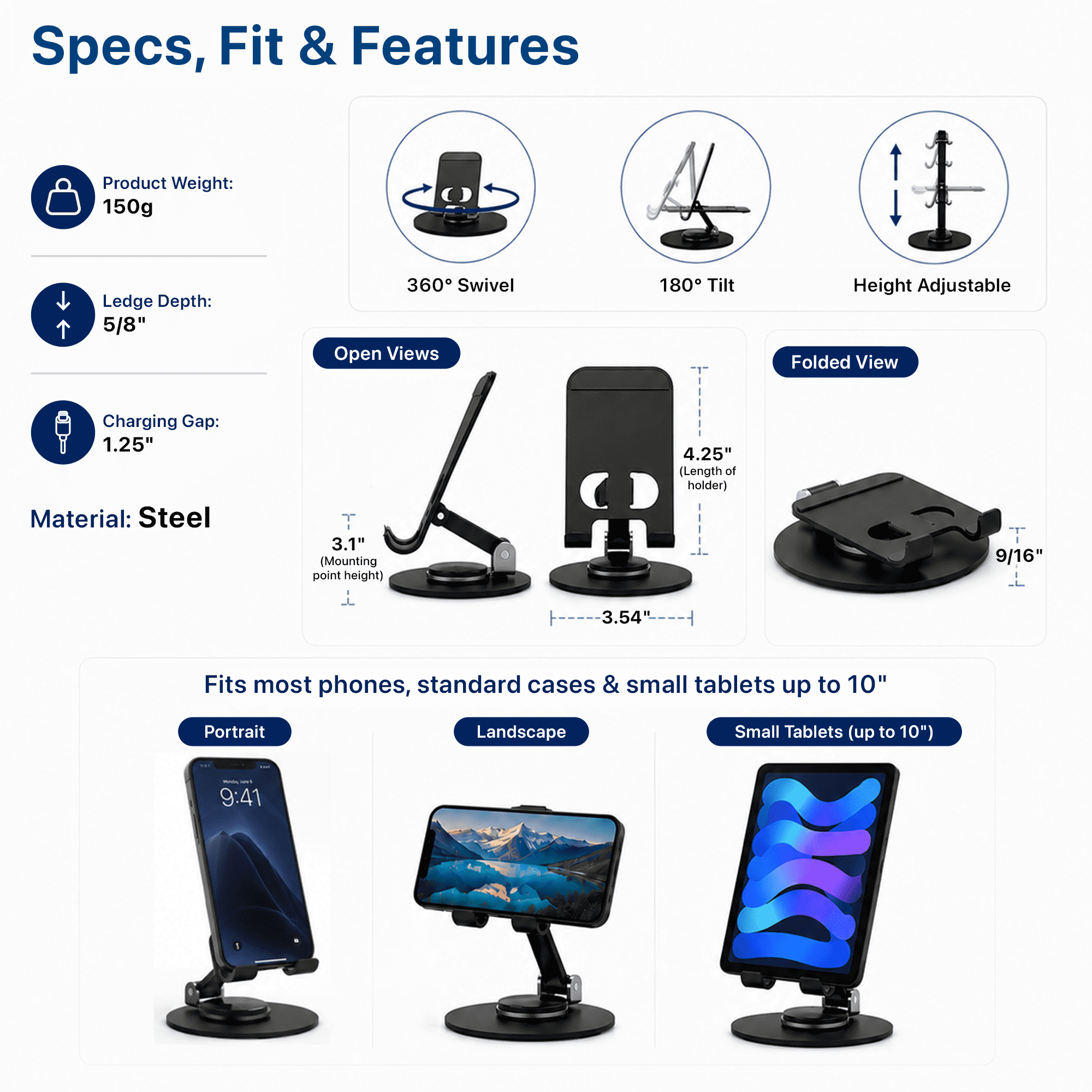 Uncaged Ergonomics 360° Swivel Phone Stand for Desk, All-Metal Height Adjustable, 180° Tilt Foldable Holder for Phones and Small Tablets, Black