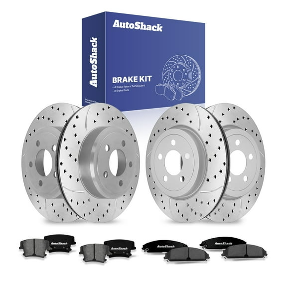 AutoShack Front Vented & Rear Vented Drilled & Slotted Coated Brake Rotors Silver Matte Finish   Premium Ceramic Pads 12-PC Brake Kit Replacement for 2006-2016 Dodge Charger TurboGuard