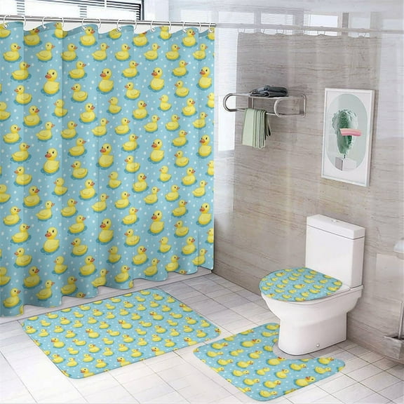 Cute Yellow Duck (35) Shower Curtain Set 4PCs with Hooks Waterproof Bathroom Toilet Mat Lid Decor