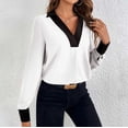 thumbnail image 2 of Ltctricy Blouses for Women Business Casual Long Sleeve V Neck Collared Color Block Pleated Tunic Tops Loose Work Shirts(White,Medium), 2 of 7