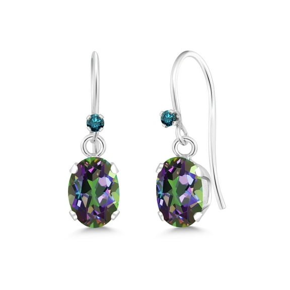 Gem Stone King 925 Sterling Silver Green Mystic Topaz and Blue Diamond French Wire Dangle Hook Earrings for Women (1.92 Cttw, Gemstone November Birthstone, Oval 7X5MM)