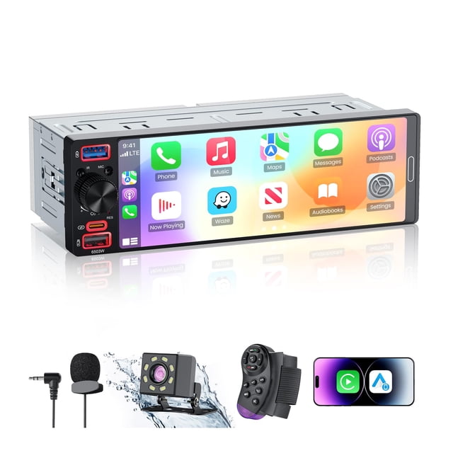 Single Din Radio Car Stereo with Apple CarPlay & Android Auto, 6.5” InCell Touchscreen Car Radio with 1080P Backup Camera, Mirror Link, Bluetoo