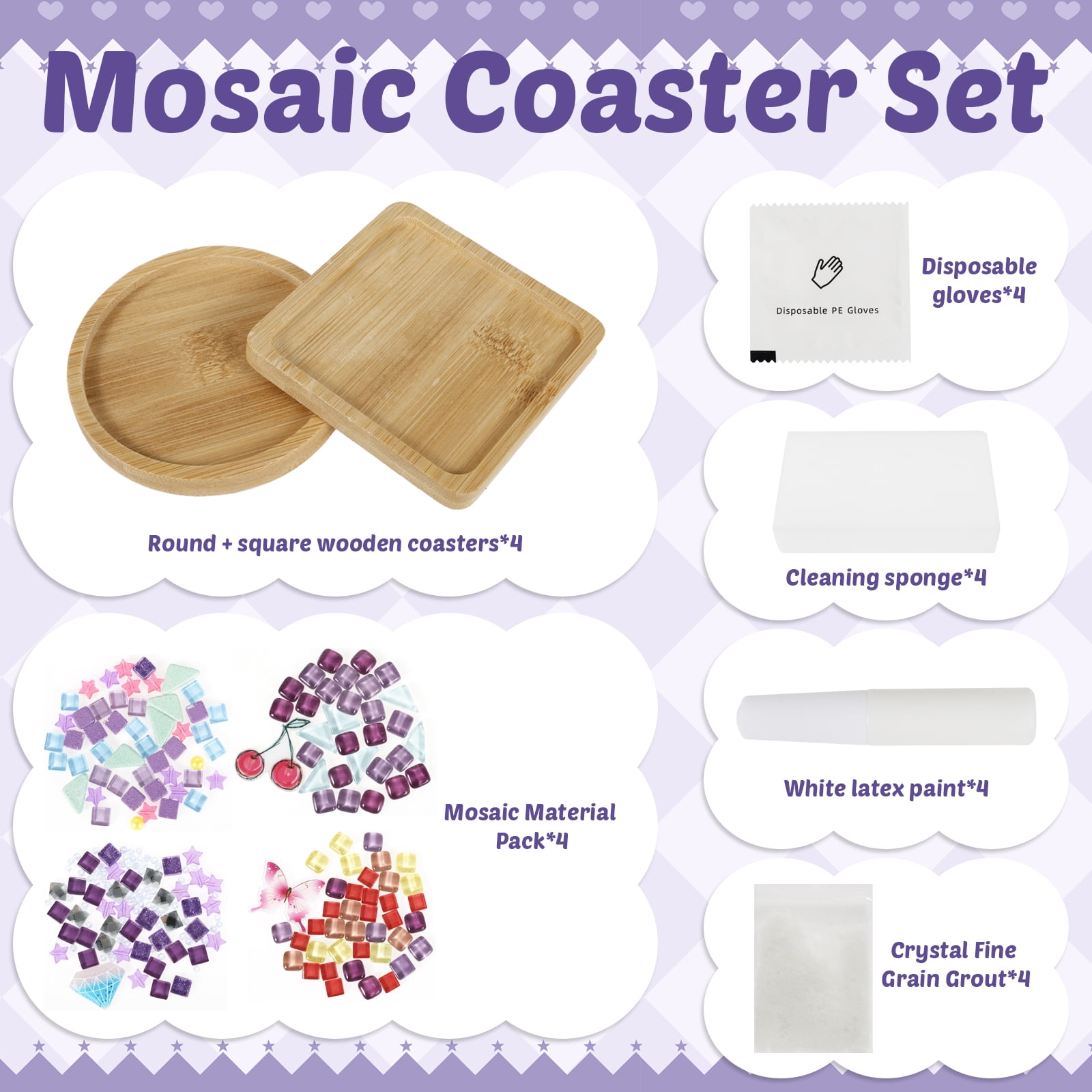 Austok 4Pcs DlY Mosaic Tile for Cup Pads Craft Mixed Color Glass Tile Kit with Bamboo Cup Pad for Adult DlY Cup Pad Kit Mosaic Supply for Handmade Home Decoration Present