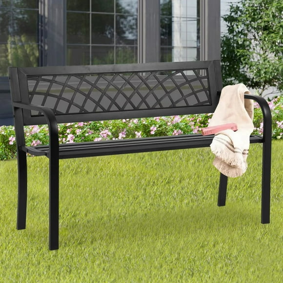 NiamVelo Outdoor Metal Garden Bench Adults Black Steel - Set of 1