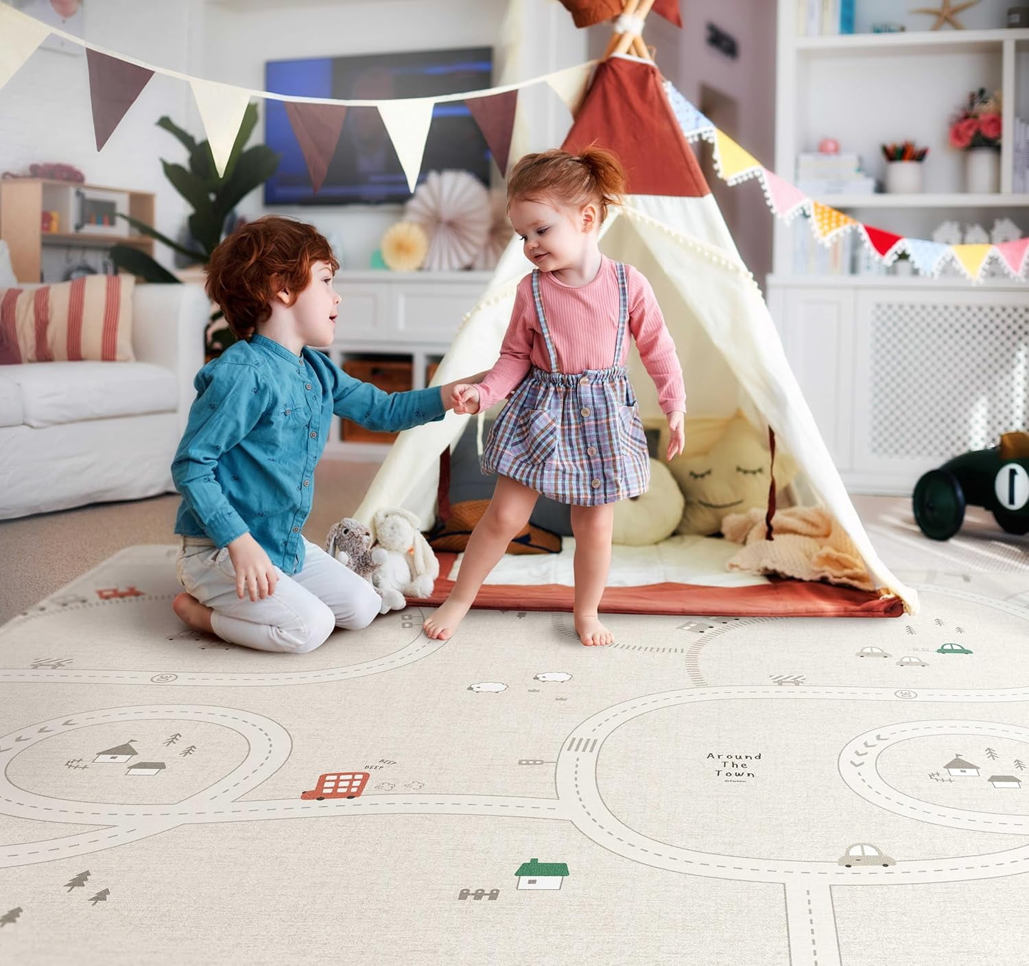 Parklon Ultra-Soft Cushioned Baby Play Mat (Around Town + Fabric Beige, One-Piece, Reversible, Water Resistant, Medium)