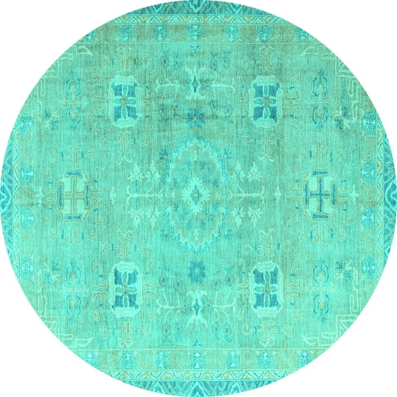Ahgly Company Machine Washable Indoor Round Oriental Turquoise Blue Traditional Area Rugs, 7' Round