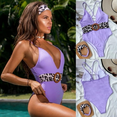 EQWLJWE Sexy Womens Monokini Scoop Neck One Piece Backless Cheeky Swimwear Semi Thong Bikini with Hairband