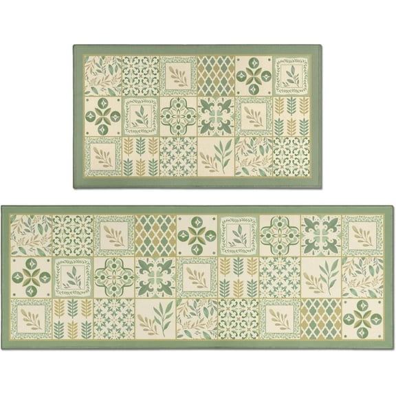 Sage Green Boho Kitchen Mats for Floor Set of 2, Leaves Geometric Abstract Kitchen Floor Mat Runner Carpet Beige Sage Green Decor and Accessories for Kitchen Home, 17x30 and 17x47 Inches
