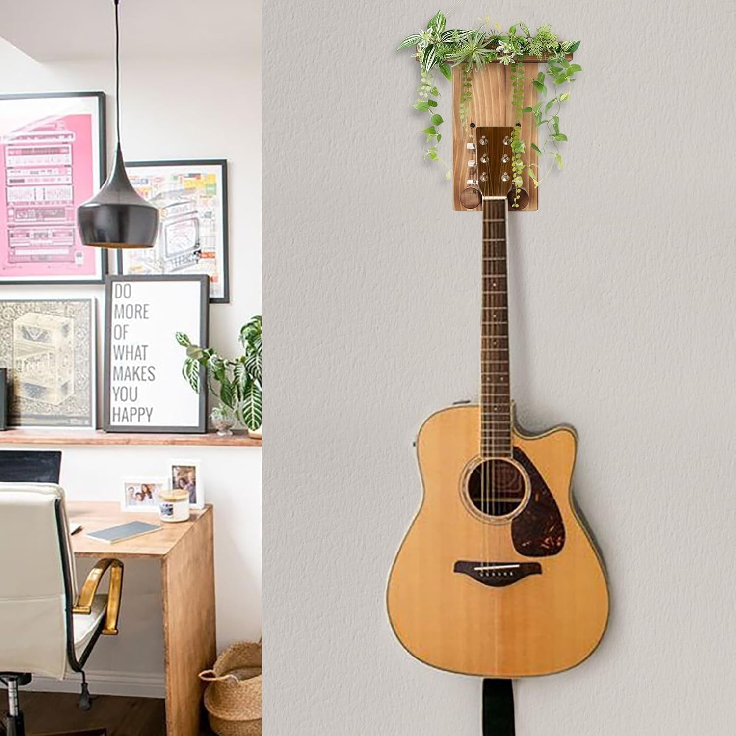 SONGAUN Guitar Wall Mount with Shelf,2Pack Wooden Guitar Holder Hanger Hook Multifunctional Rack Bracket Stand Easy Install for Electric Guitar Bass Acoustic Ukulele Violin Mandolin