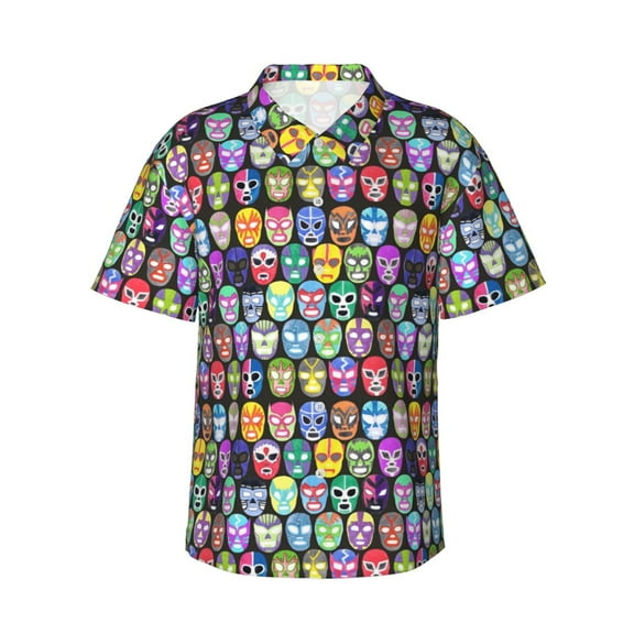 Mens Casual Short Sleeve Button-Down Hawaiian Shirts,Lucha Libre Luchador Fighter Mask Shirts Regular Fit Beach Bowling Shirts with Front Pocket,XL