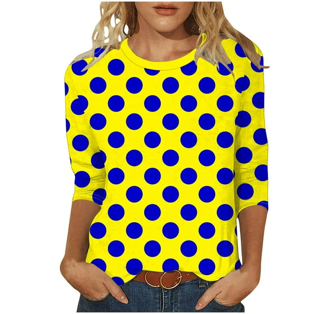 T-Shirts Grande Taille pour Femmes à Manches 3/4, Imprimé à Pois, Col Ras du Cou, T-Shirts Graphiques de Base, Hauts d'Été Décontractés (L, Jaune)