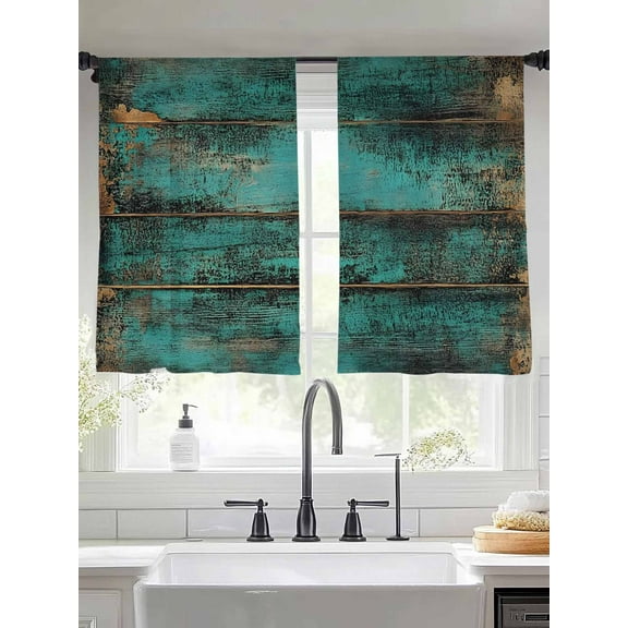 Teal Brown Wood Print Sheer Curtains for Living Room Bedroom Simple Vintage Plank Sheer Curtains 45 Inch Long 2 Panels Set Light Filtering Curtain Window Treatments Drapes for Dining Room