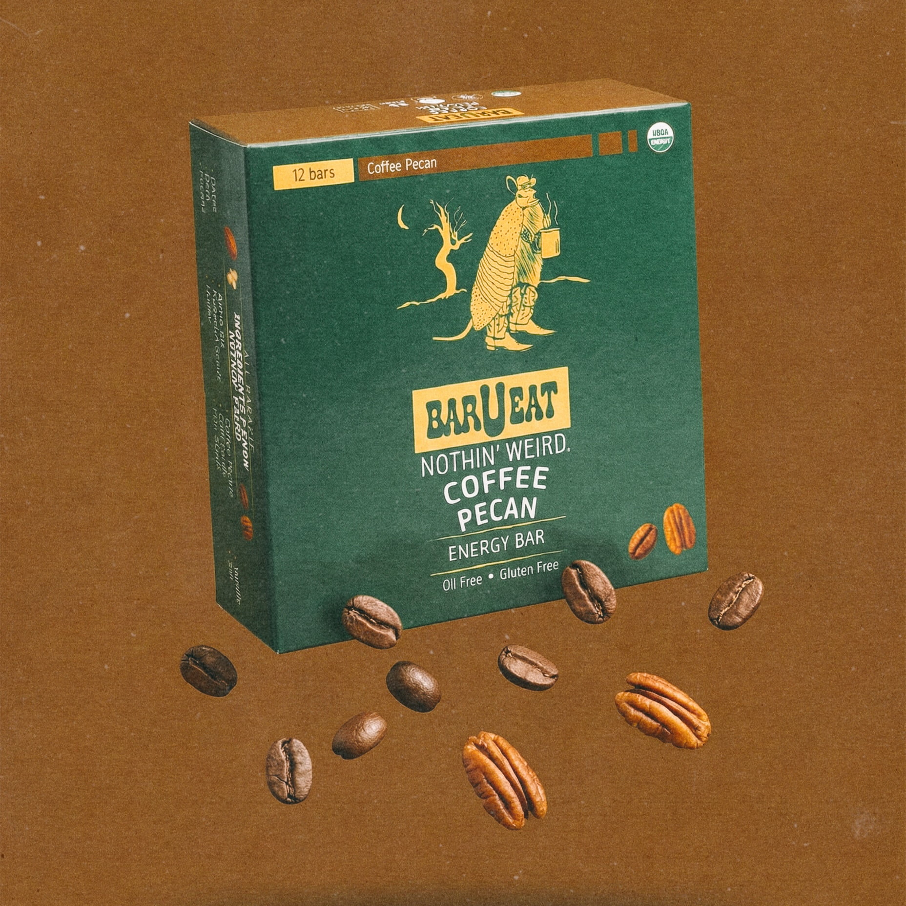 BAR-U-EAT Gluten-Free, Organic, Soft & Chewy Energy Bar. Whole Food Ingredients | Compostable Packaging | No Artificial Sugar | Healthy Snacks (Coffee Pecan 12 Pack)