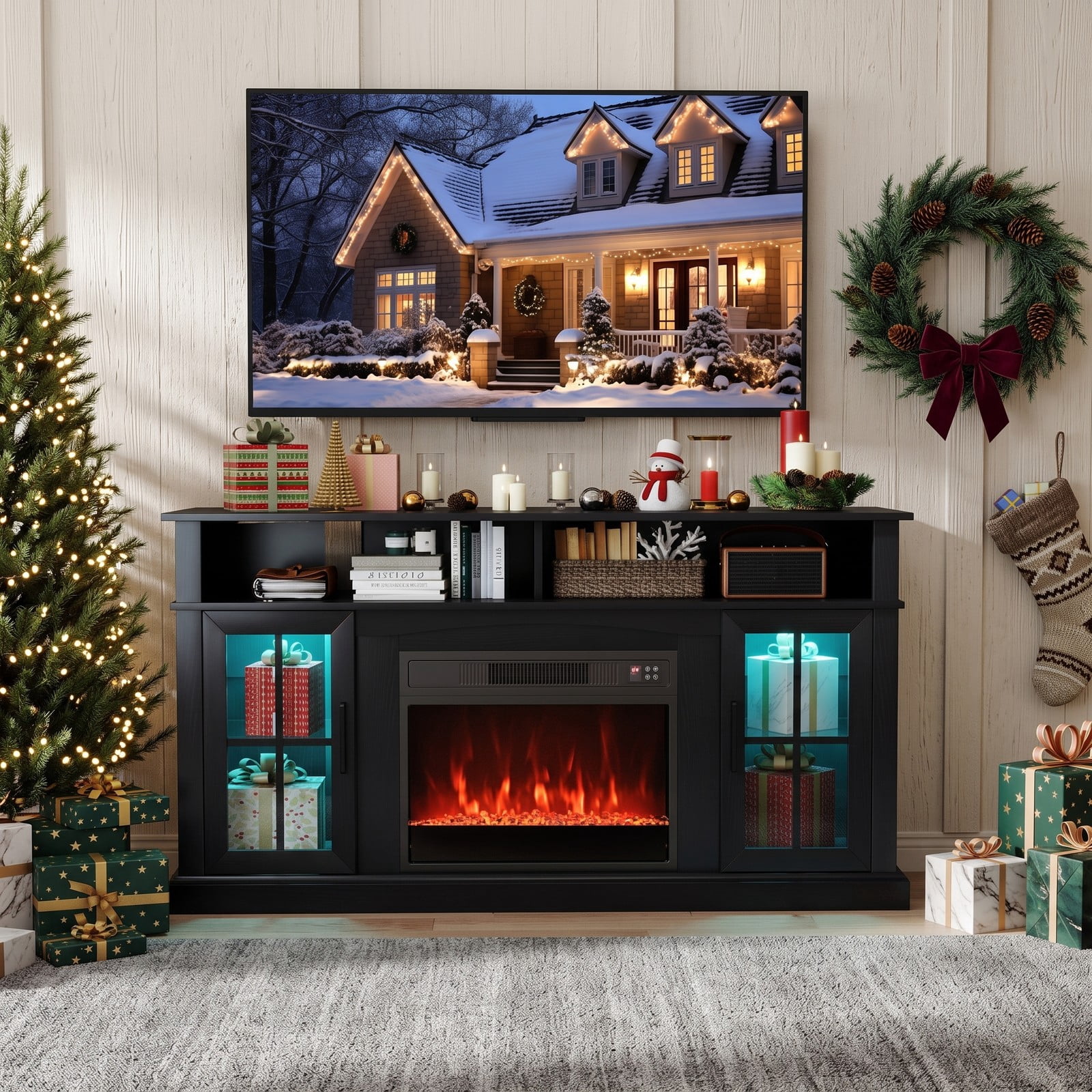 Furnibear 58 Inch Fireplace TV Stand with 4777 BTU Electric Fireplace, RGB LED Lights, Storage Cabinets and Tempered Glass Doors for TVs up to 65 Inch, Living, Black