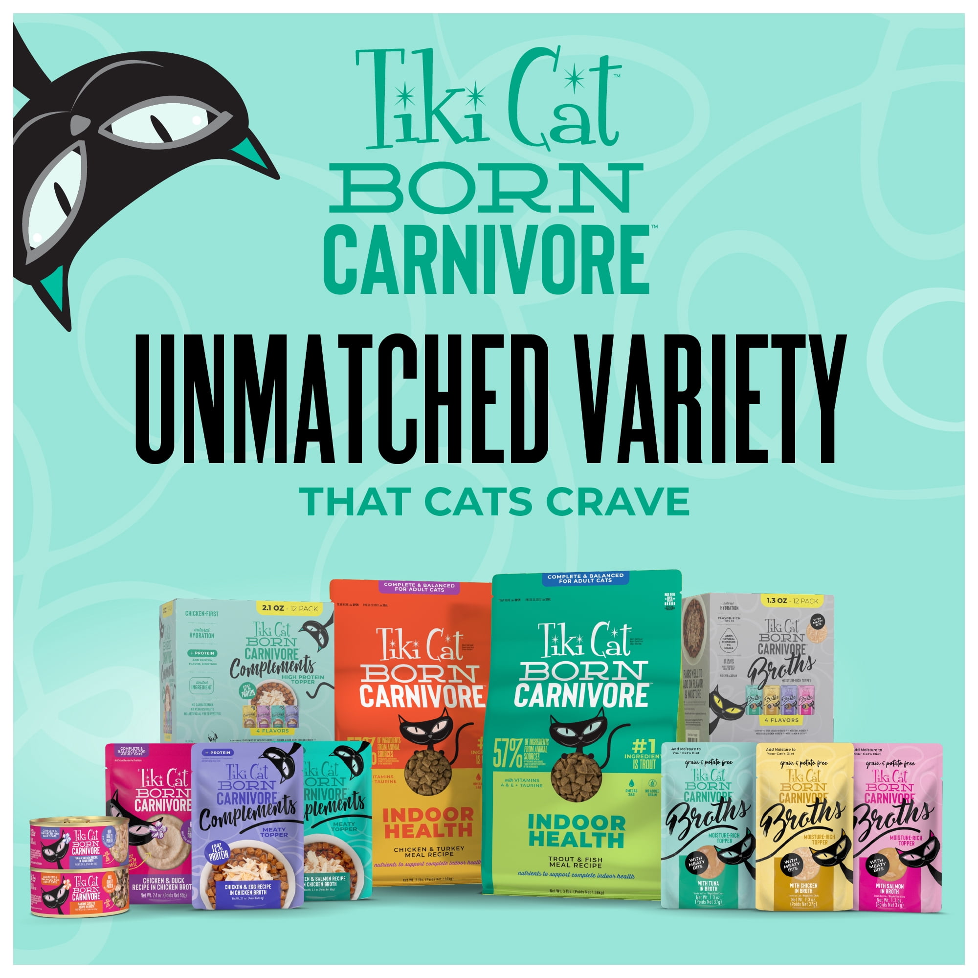 (12 pack) Tiki Cat Born Carnivore Complements Wet Cat Food Topper, Variety Pack 2.1 oz. Pouch (12 Pack)