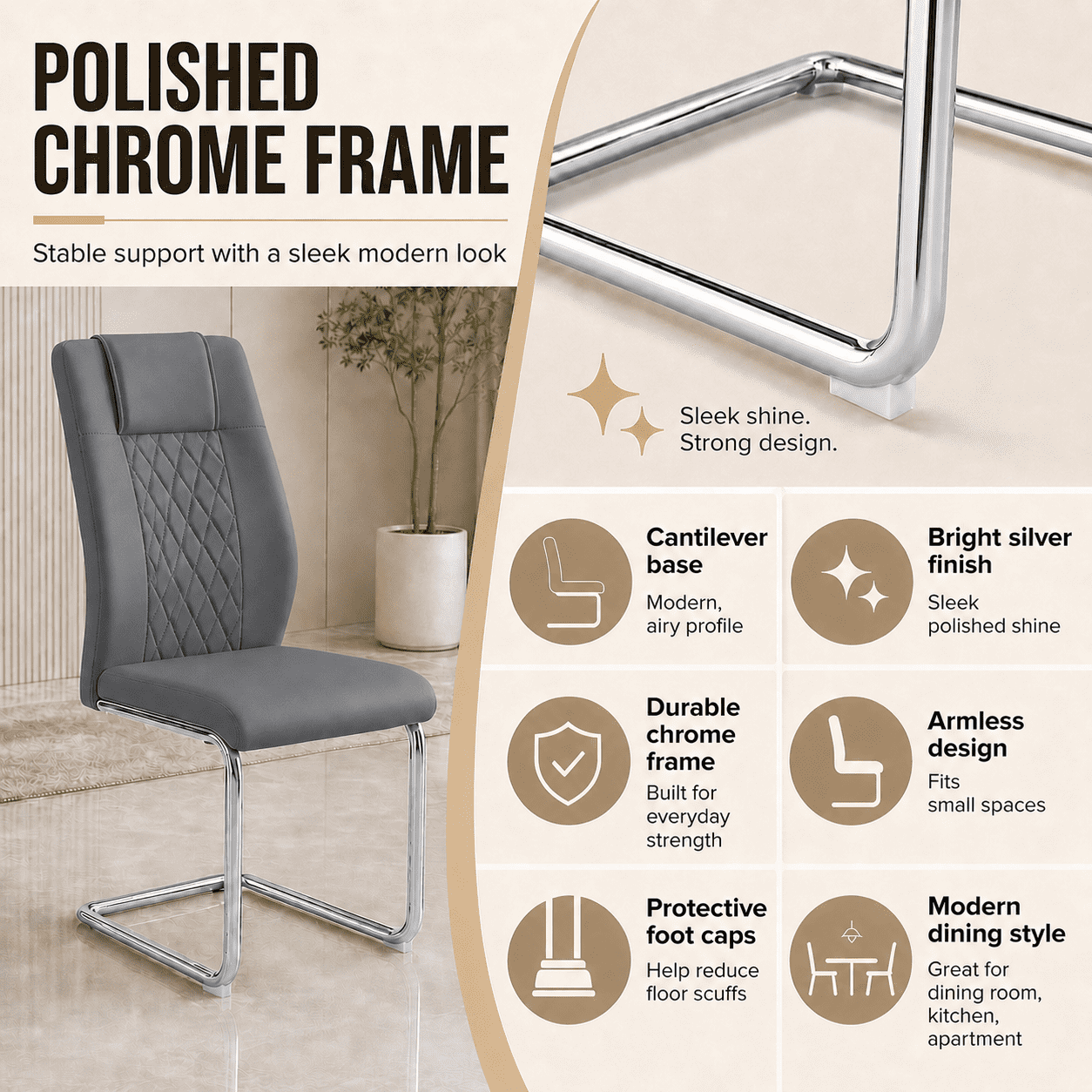 JUFU Modern Gray Dining Chairs Set of 4, Faux Leather High Back with Chrome Legs