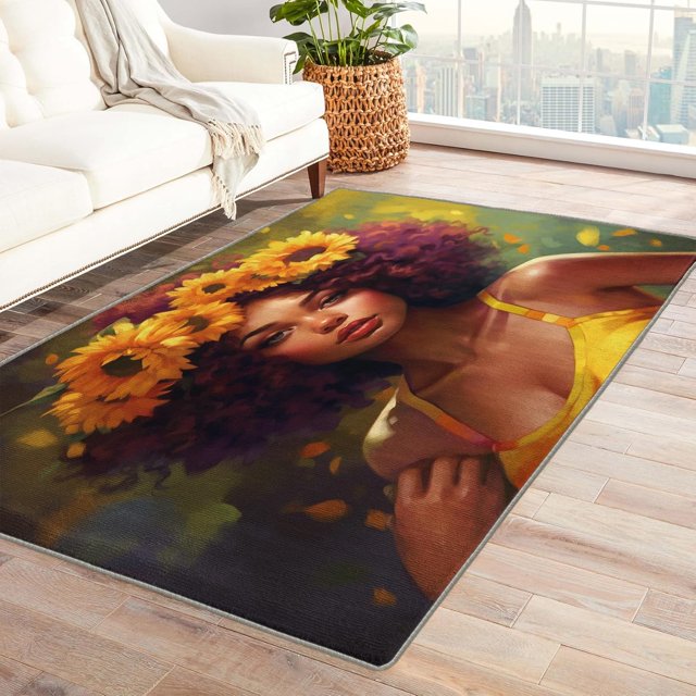 African American Girl Rug 2x3 Area Rugs Sunflower Rugs for Entryway, Woman Carpet for Bedroom Living Room, Machine Washable Non-Slip Indoor Door Mat, Soft Low Pile Area Rug, Small Decorative Rug