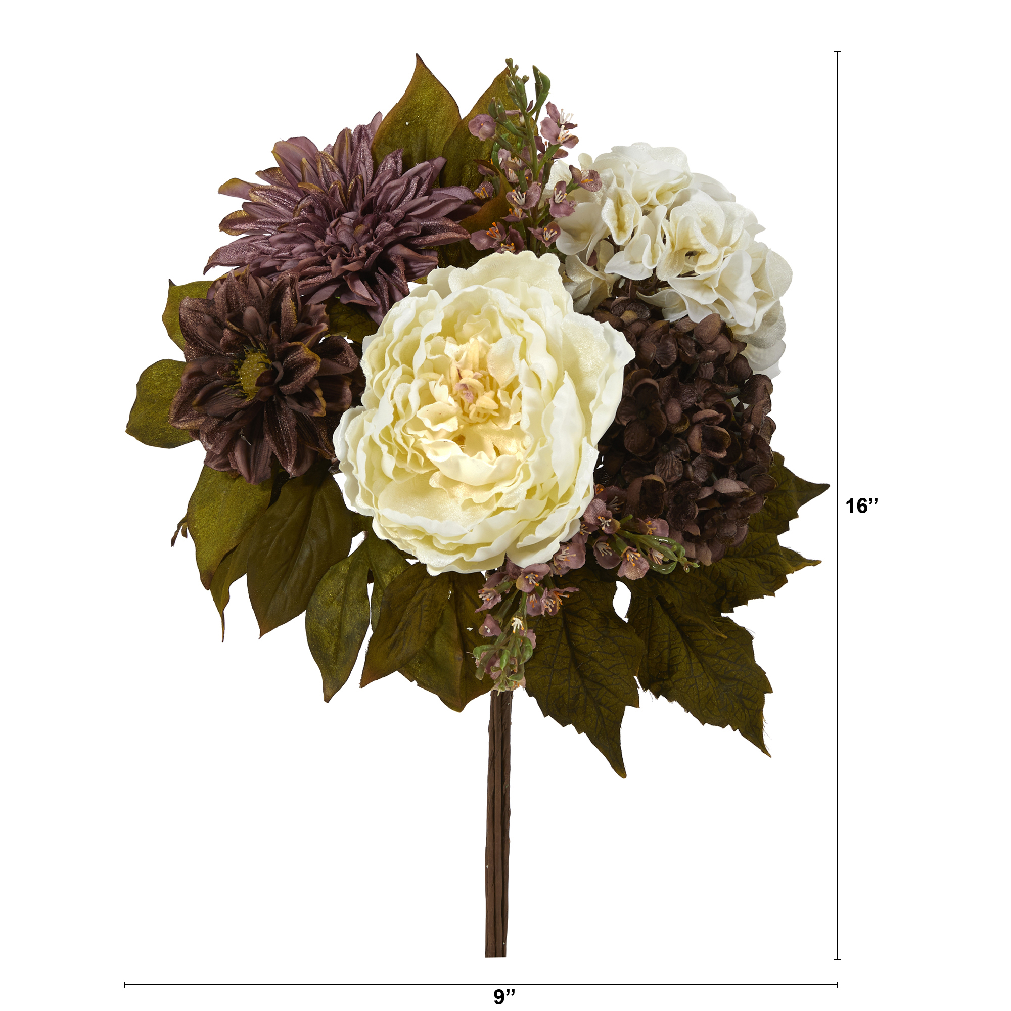 Nearly Natural 16" Peony, Hydrangea and Dahlia Artificial Flower Bouquet (Set of 2), Multicolor