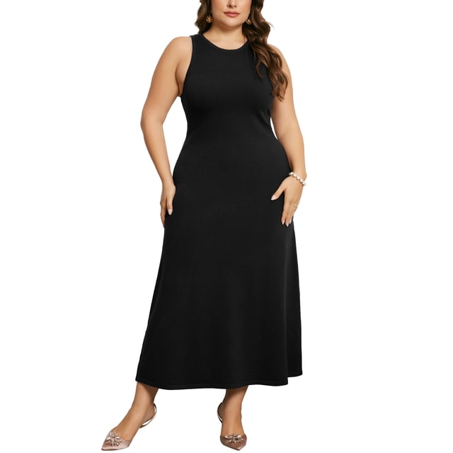 Vestido de suéter sin mangas de talla grande Agnes Orinda para mujeres, con cuello redondo, vestido de suéter casual de punto 1X negro