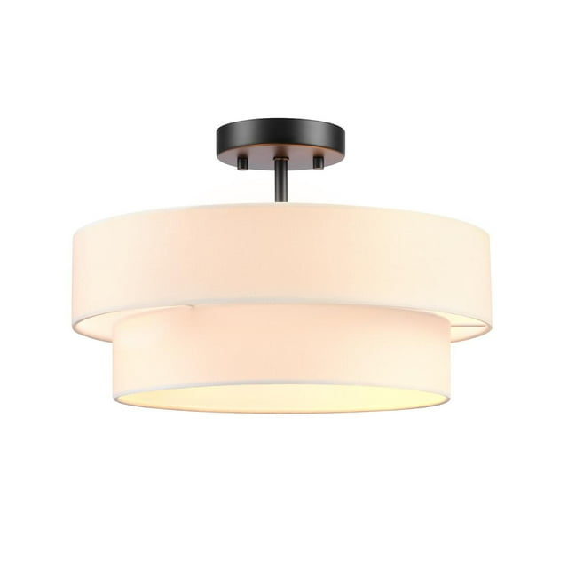 2-Light Matte Black Semi-Flush Mount Ceiling Light with 2-Tier White Linen Shade