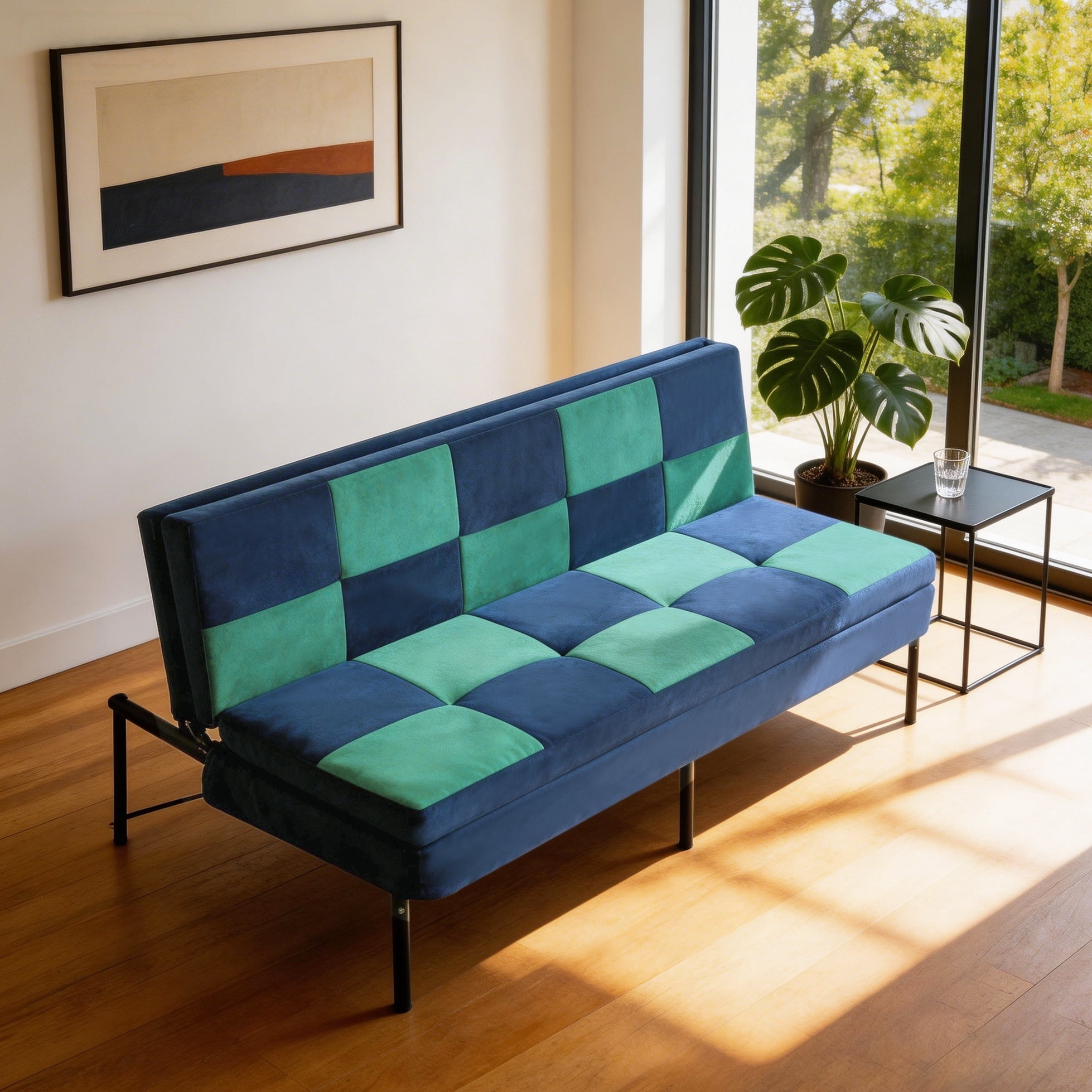 BSHTI 63.39" Velvet Convertible Futon Sofa Bed with 5-Position Adjustable Backrest , Twin Size Couch Sleeper Sofa for Living Room, Bedroom, Dormitory Navy blue&Green