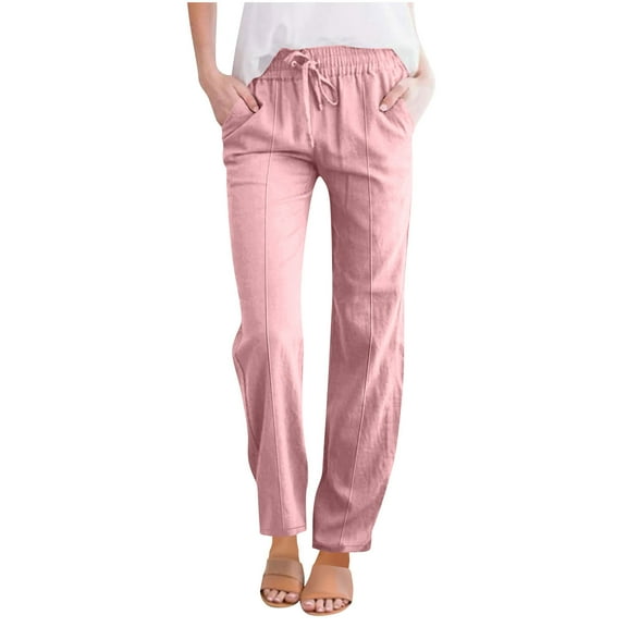 Lenpel Women's Cotton Linen Pants Elastic High Waisted Drawstring Straight Leg Trousers Business Casual Work Pants with Pockets