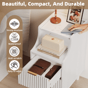 Oxirth 2PC Narrow Nightstand, 11.8 Fluted Bedside Tables with 2 Drawers & Open Shelf, Slim Mid-Century Modern End Table for Bedroom, Living Room, Office – White & Gold Accent